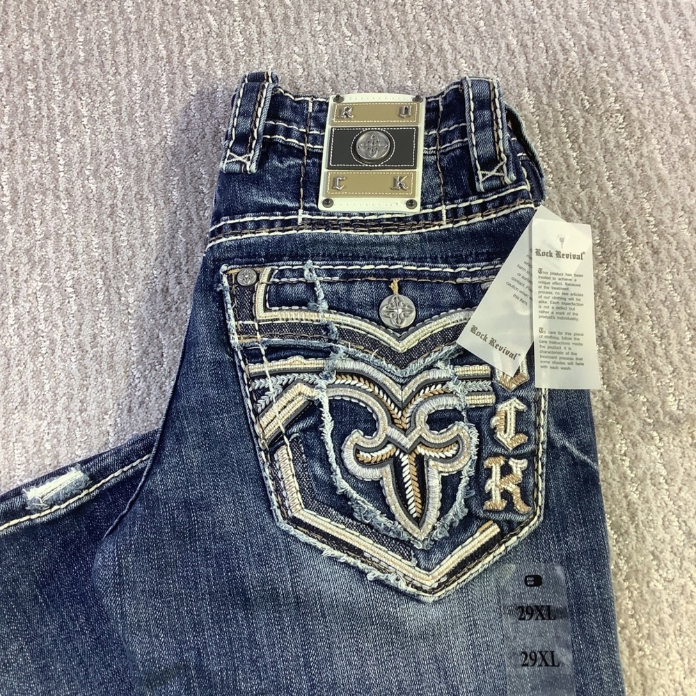 Rock Revival Callan Slim Bootcut Jeans Dark Wash Distressed Buckle 29 x 36 NWT